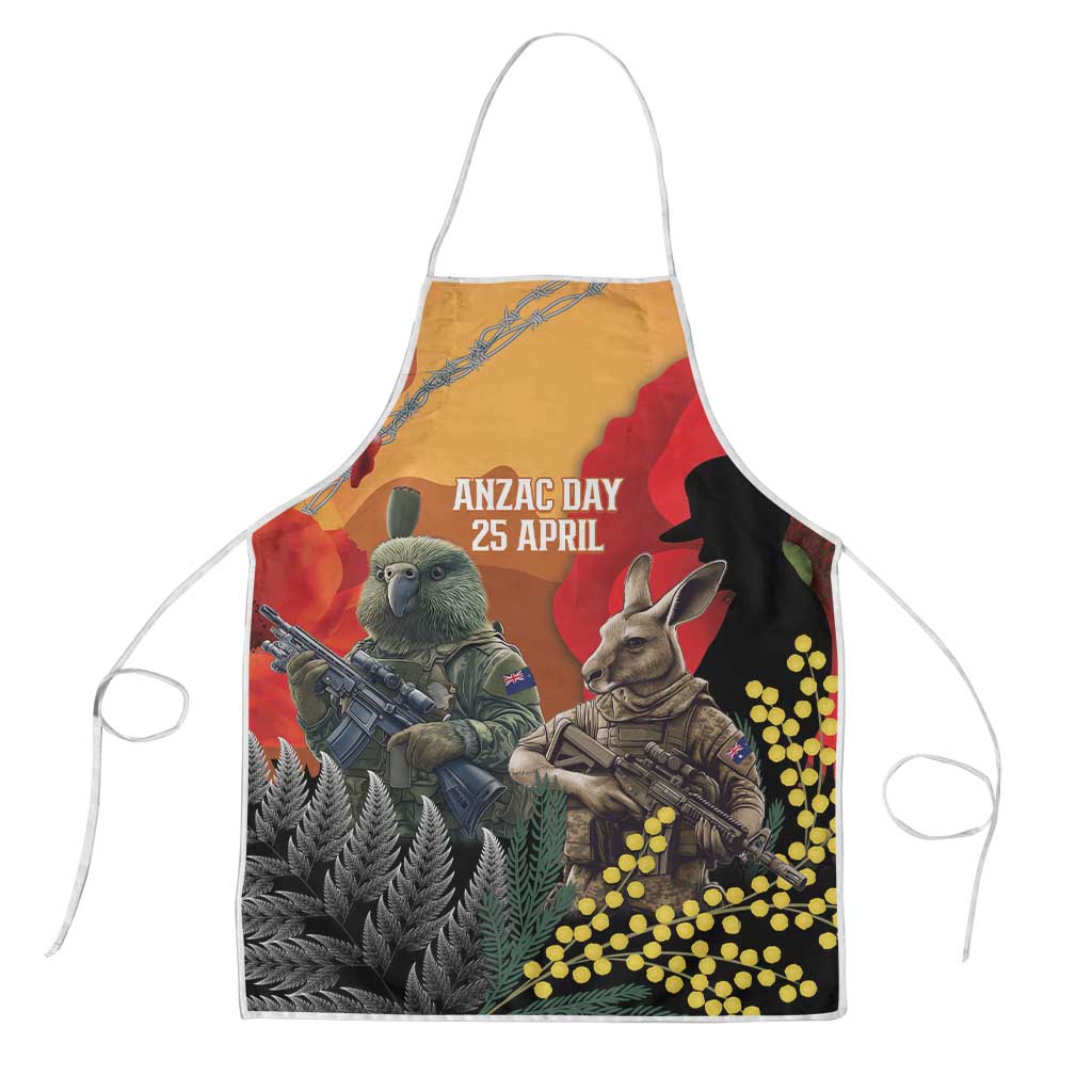 New Zealand and Australia ANZAC Day Apron Sliver Fern Kakapo With Golden Wattle Kangaroo - Aussie Hoodie