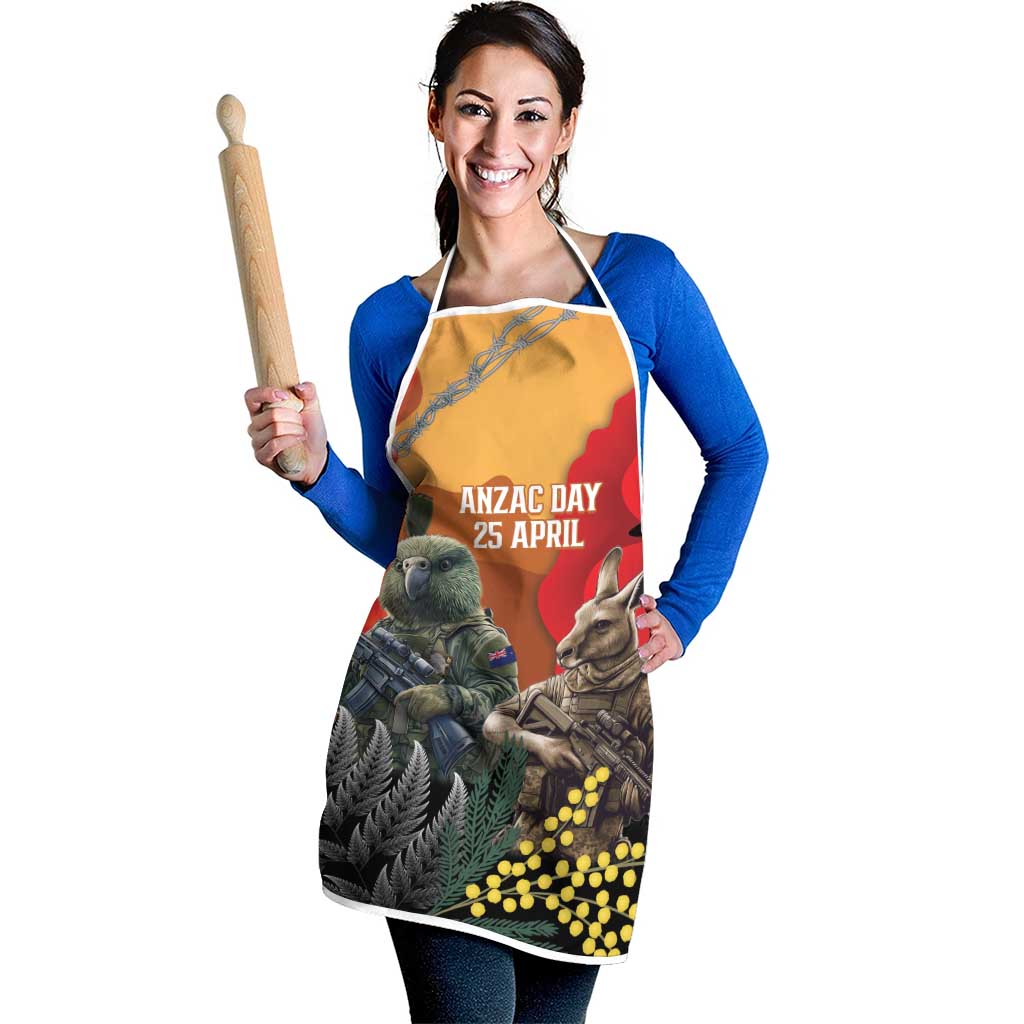 New Zealand and Australia ANZAC Day Apron Sliver Fern Kakapo With Golden Wattle Kangaroo - Aussie Hoodie