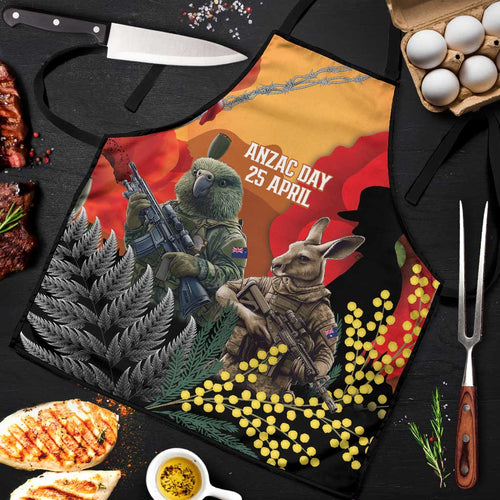 New Zealand and Australia ANZAC Day Apron Sliver Fern Kakapo With Golden Wattle Kangaroo - Aussie Hoodie