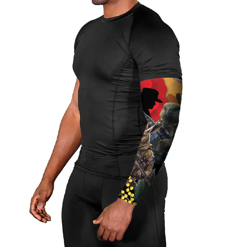 New Zealand and Australia ANZAC Day Arm Sleeves Sliver Fern Kakapo With Golden Wattle Kangaroo - Aussie Hoodie