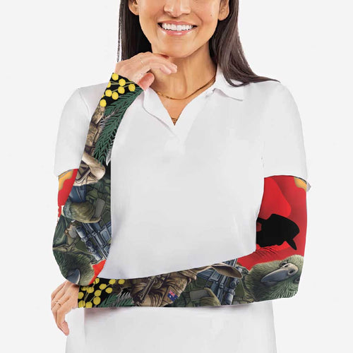 New Zealand and Australia ANZAC Day Arm Sleeves Sliver Fern Kakapo With Golden Wattle Kangaroo - Aussie Hoodie