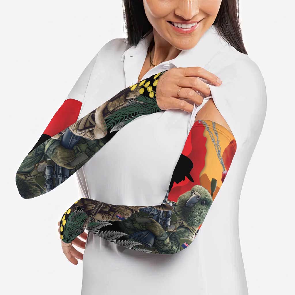 New Zealand and Australia ANZAC Day Arm Sleeves Sliver Fern Kakapo With Golden Wattle Kangaroo - Aussie Hoodie