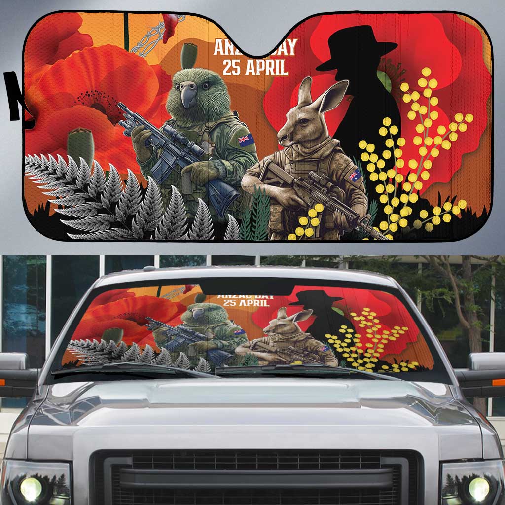 New Zealand and Australia ANZAC Day Auto Sun Shade Sliver Fern Kakapo With Golden Wattle Kangaroo - Aussie Hoodie