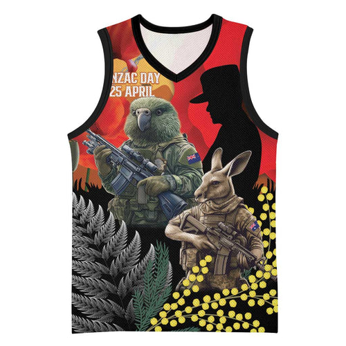 New Zealand and Australia ANZAC Day Basketball Jersey Sliver Fern Kakapo With Golden Wattle Kangaroo - Aussie Hoodie