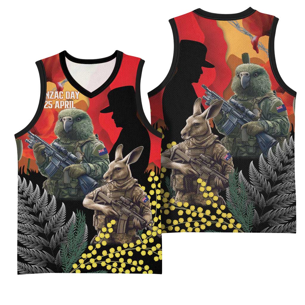 New Zealand and Australia ANZAC Day Basketball Jersey Sliver Fern Kakapo With Golden Wattle Kangaroo - Aussie Hoodie