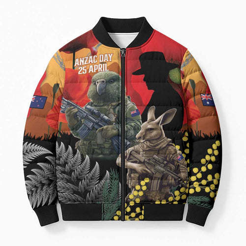 New Zealand and Australia ANZAC Day Bomber Puffer Jacket Sliver Fern Kakapo With Golden Wattle Kangaroo - Aussie Hoodie
