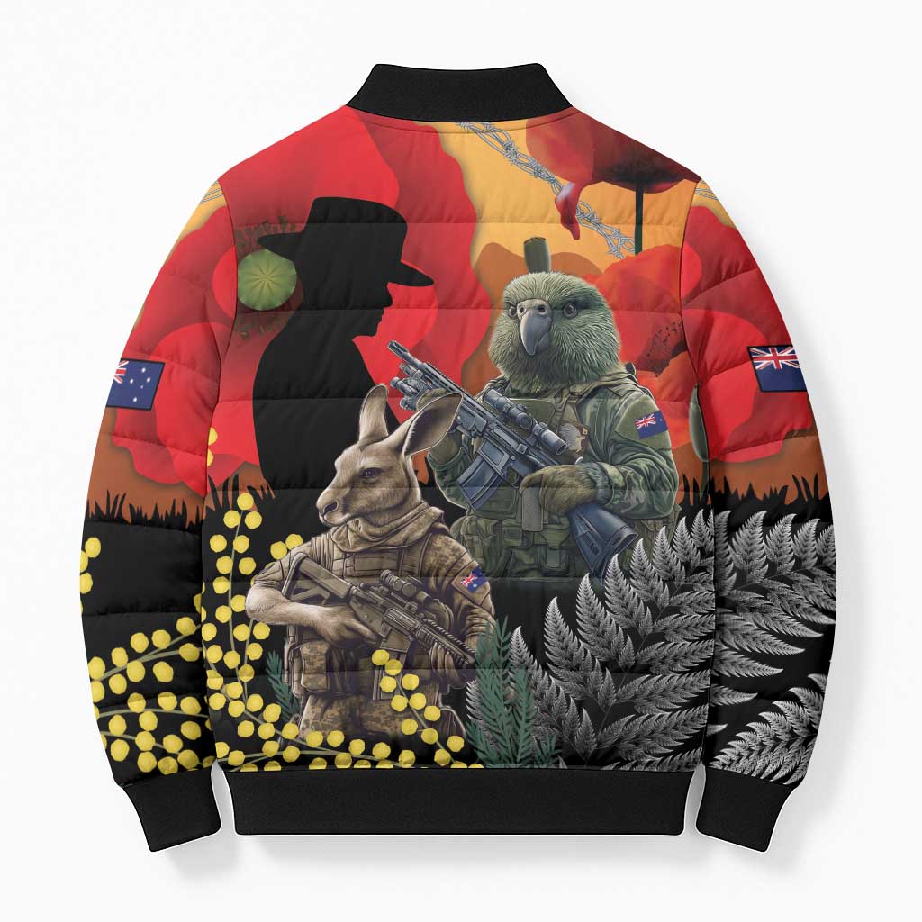 New Zealand and Australia ANZAC Day Bomber Puffer Jacket Sliver Fern Kakapo With Golden Wattle Kangaroo - Aussie Hoodie
