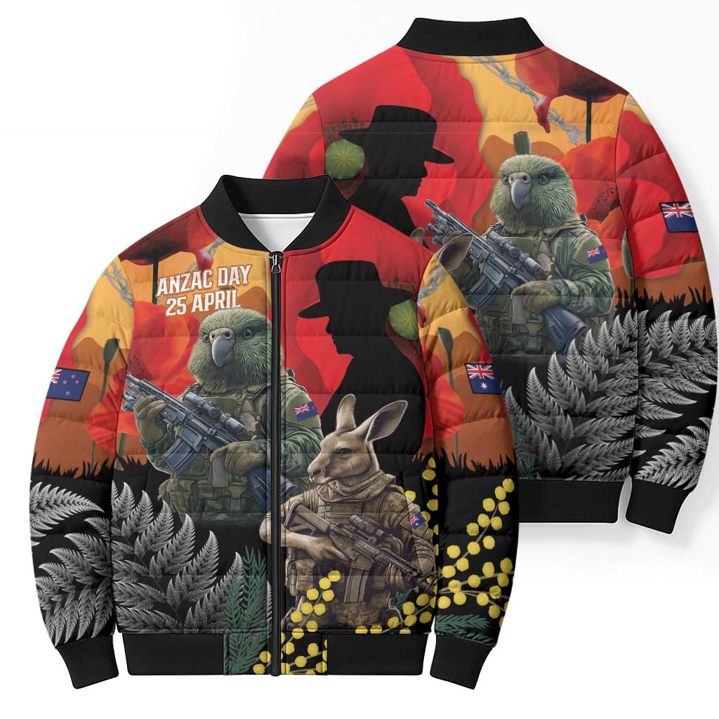 New Zealand and Australia ANZAC Day Bomber Puffer Jacket Sliver Fern Kakapo With Golden Wattle Kangaroo - Aussie Hoodie
