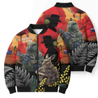 New Zealand and Australia ANZAC Day Bomber Puffer Jacket Sliver Fern Kakapo With Golden Wattle Kangaroo - Aussie Hoodie