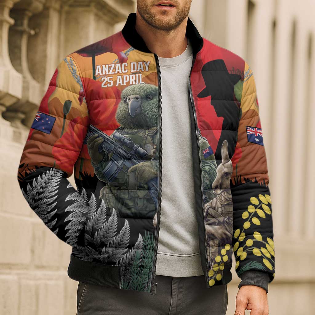 New Zealand and Australia ANZAC Day Bomber Puffer Jacket Sliver Fern Kakapo With Golden Wattle Kangaroo - Aussie Hoodie