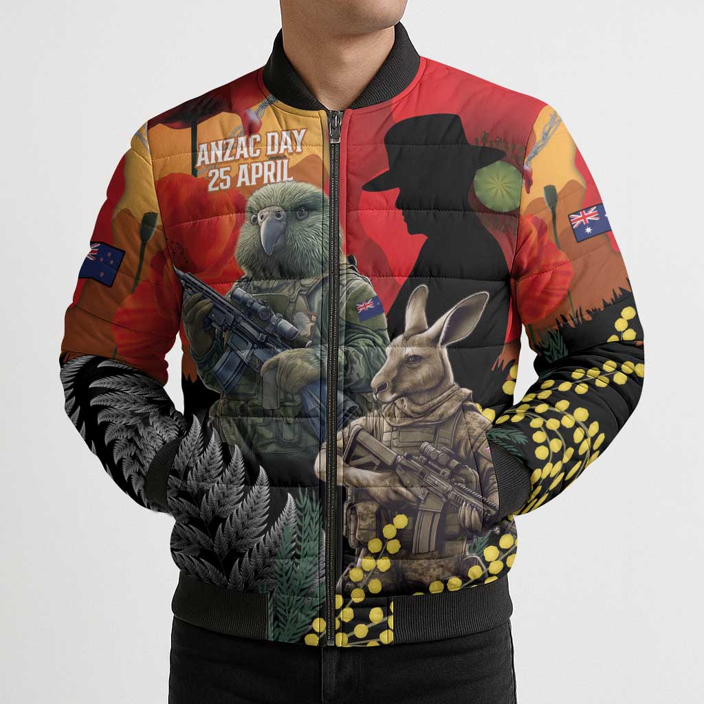 New Zealand and Australia ANZAC Day Bomber Puffer Jacket Sliver Fern Kakapo With Golden Wattle Kangaroo - Aussie Hoodie