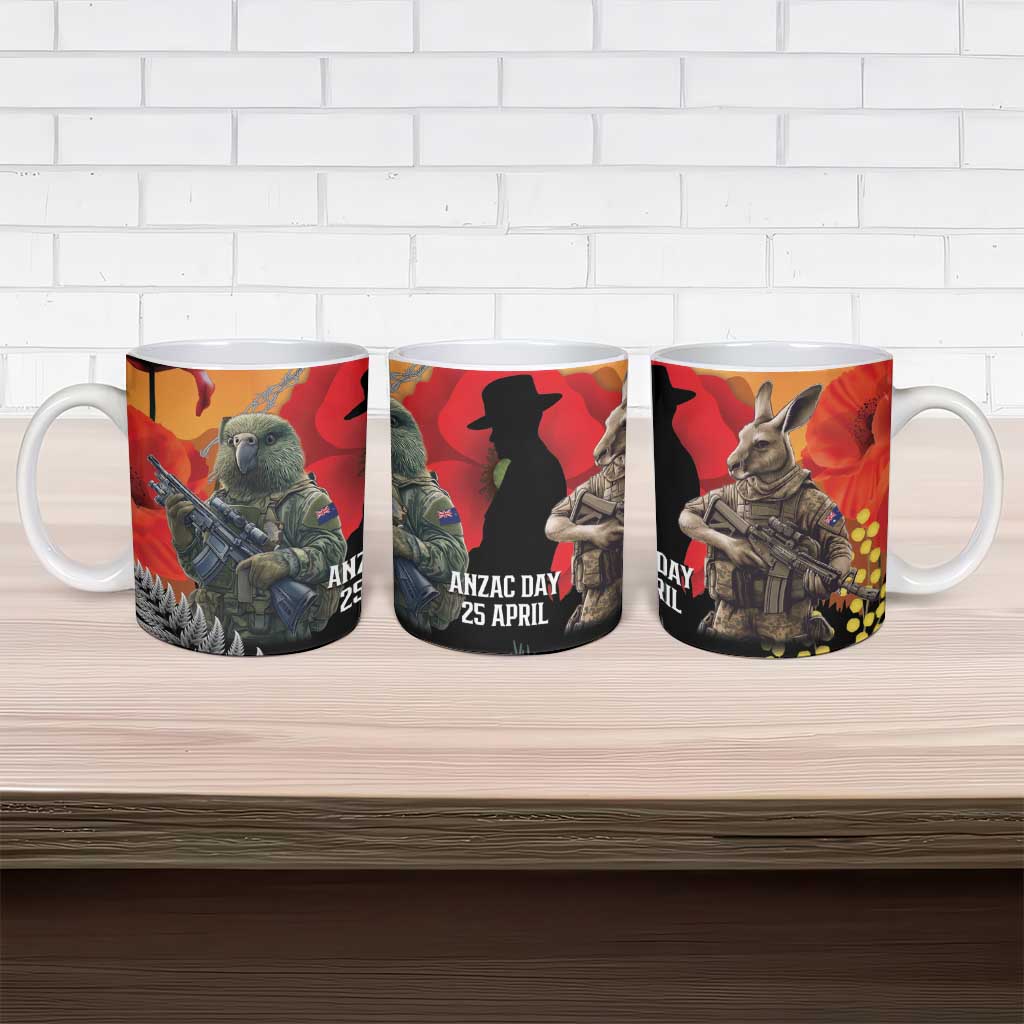 New Zealand and Australia ANZAC Day Ceramic Mug Sliver Fern Kakapo With Golden Wattle Kangaroo - Aussie Hoodie