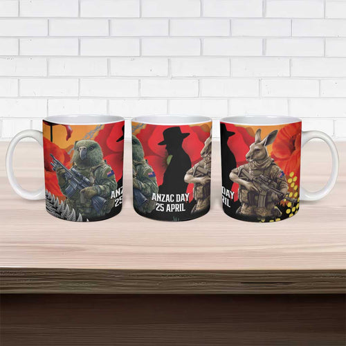 New Zealand and Australia ANZAC Day Ceramic Mug Sliver Fern Kakapo With Golden Wattle Kangaroo - Aussie Hoodie