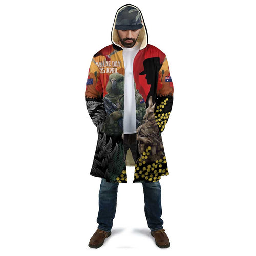 New Zealand and Australia ANZAC Day Cloak Sliver Fern Kakapo With Golden Wattle Kangaroo - Aussie Hoodie