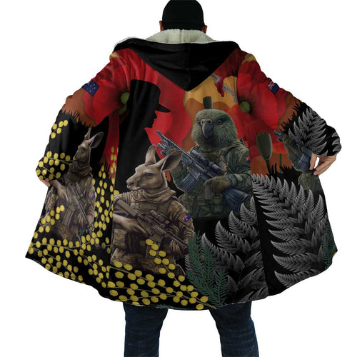 New Zealand and Australia ANZAC Day Cloak Sliver Fern Kakapo With Golden Wattle Kangaroo - Aussie Hoodie