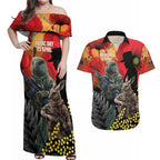New Zealand and Australia ANZAC Day Couples Matching Off Shoulder Maxi Dress and Hawaiian Shirt Sliver Fern Kakapo With Golden Wattle Kangaroo
