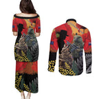 New Zealand and Australia ANZAC Day Couples Matching Puletasi and Long Sleeve Button Shirt Sliver Fern Kakapo With Golden Wattle Kangaroo