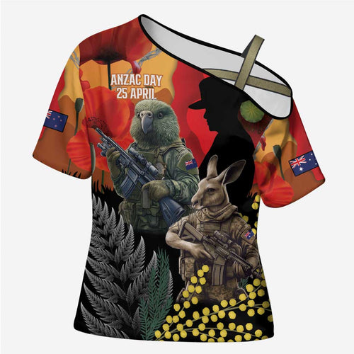 New Zealand and Australia ANZAC Day Cross Shoulder Shirt Sliver Fern Kakapo With Golden Wattle Kangaroo - Aussie Hoodie