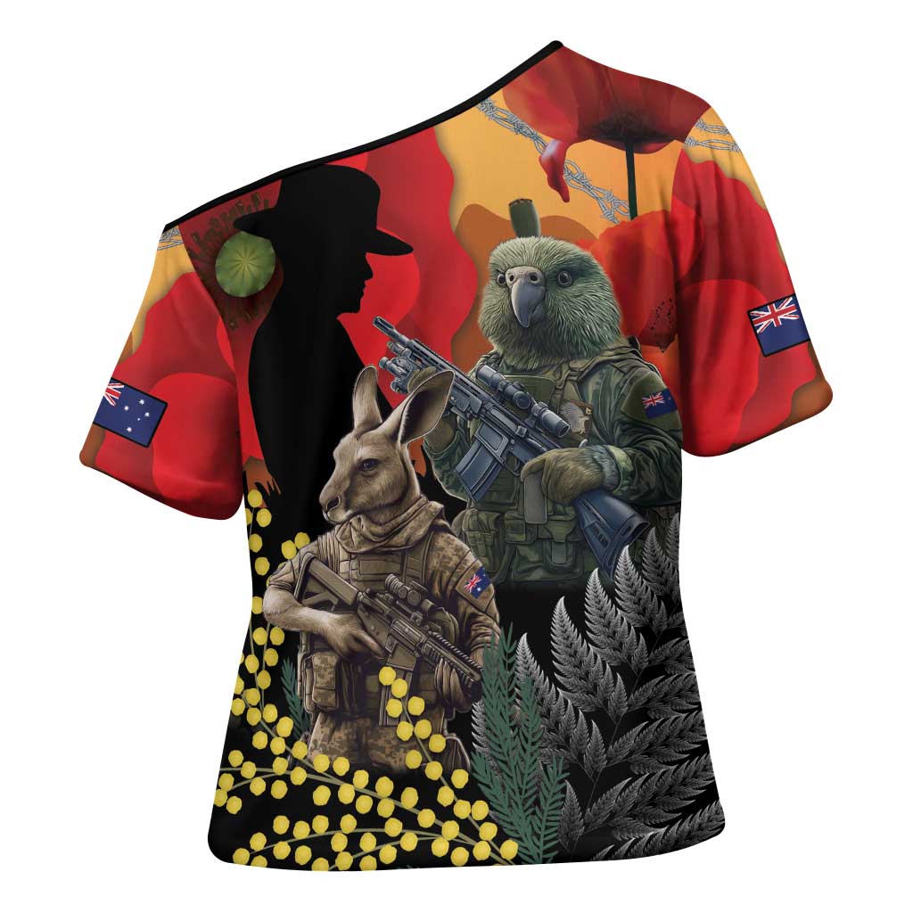 New Zealand and Australia ANZAC Day Cross Shoulder Shirt Sliver Fern Kakapo With Golden Wattle Kangaroo - Aussie Hoodie