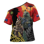 New Zealand and Australia ANZAC Day Cross Shoulder Shirt Sliver Fern Kakapo With Golden Wattle Kangaroo - Aussie Hoodie