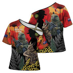 New Zealand and Australia ANZAC Day Cross Shoulder Shirt Sliver Fern Kakapo With Golden Wattle Kangaroo - Aussie Hoodie