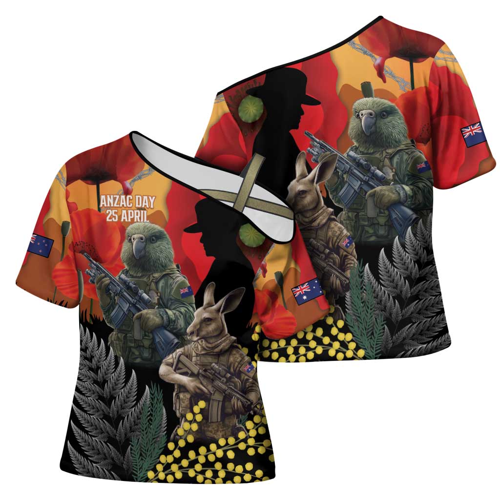 New Zealand and Australia ANZAC Day Cross Shoulder Shirt Sliver Fern Kakapo With Golden Wattle Kangaroo - Aussie Hoodie