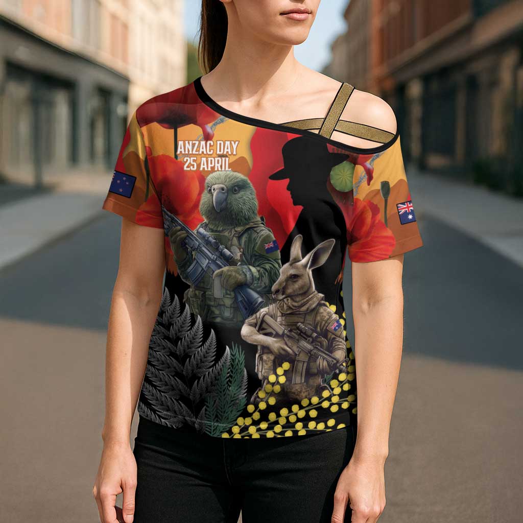 New Zealand and Australia ANZAC Day Cross Shoulder Shirt Sliver Fern Kakapo With Golden Wattle Kangaroo - Aussie Hoodie