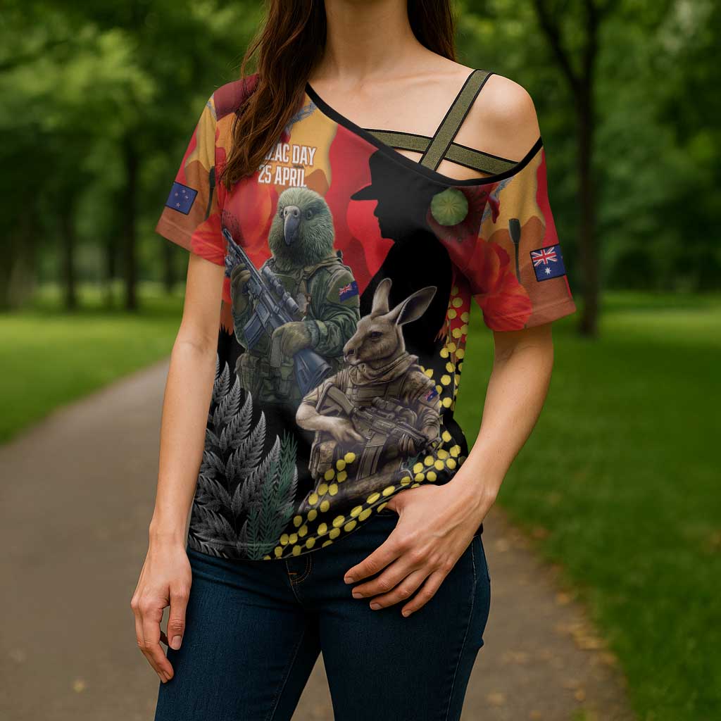 New Zealand and Australia ANZAC Day Cross Shoulder Shirt Sliver Fern Kakapo With Golden Wattle Kangaroo - Aussie Hoodie