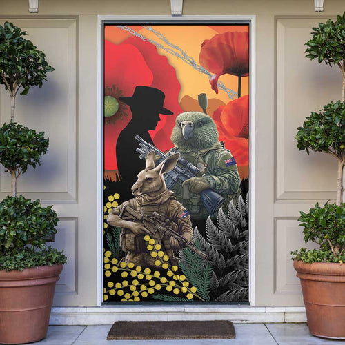 New Zealand and Australia ANZAC Day Door Cover Sliver Fern Kakapo With Golden Wattle Kangaroo - Aussie Hoodie