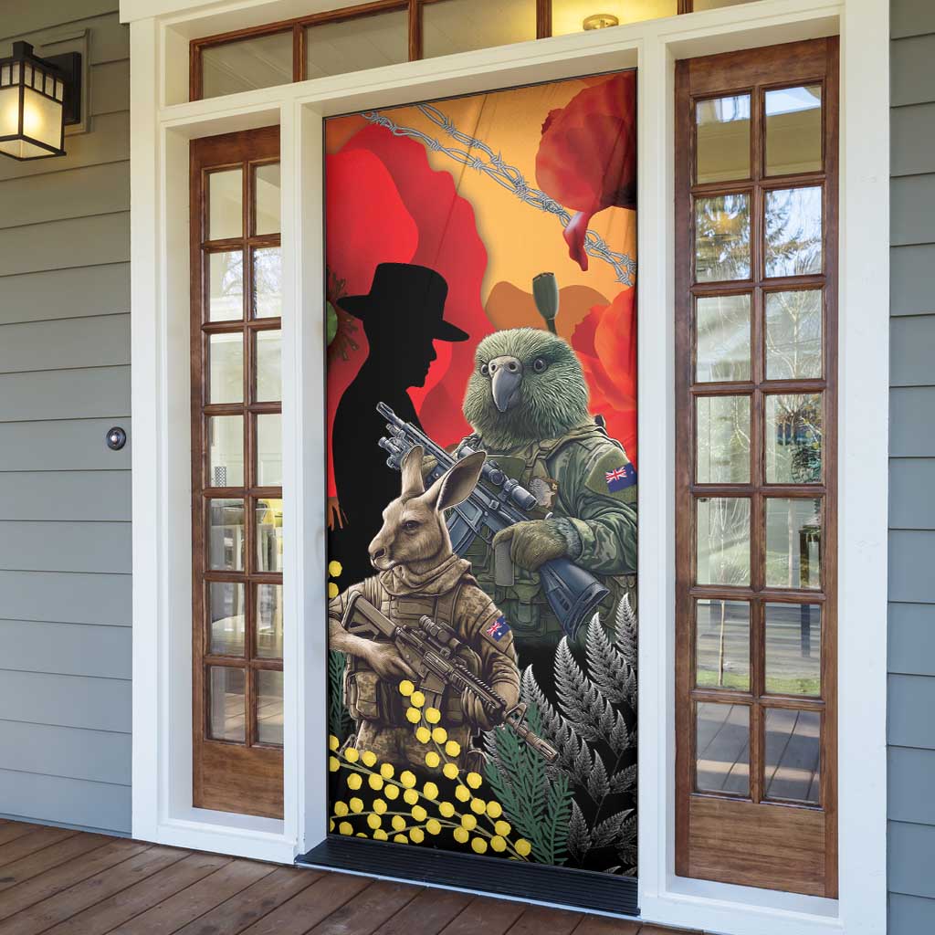 New Zealand and Australia ANZAC Day Door Cover Sliver Fern Kakapo With Golden Wattle Kangaroo - Aussie Hoodie