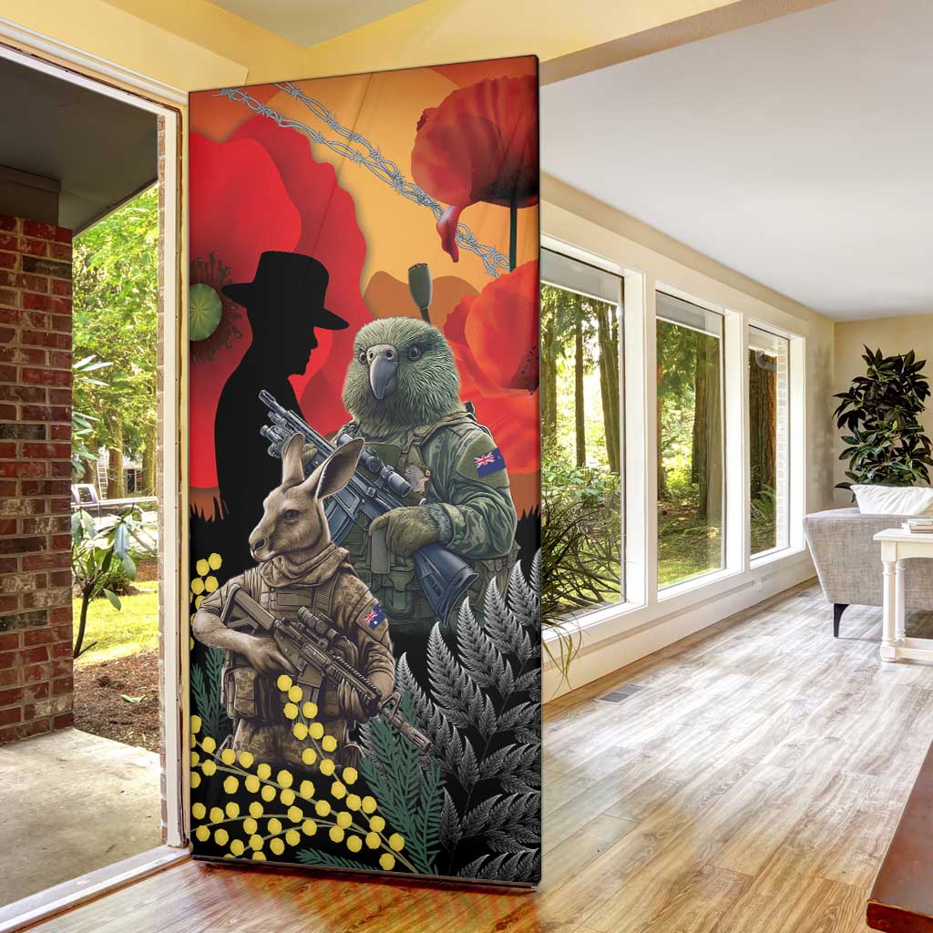 New Zealand and Australia ANZAC Day Door Cover Sliver Fern Kakapo With Golden Wattle Kangaroo - Aussie Hoodie