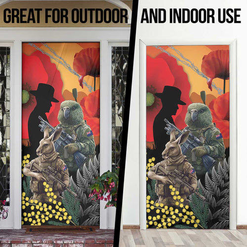 New Zealand and Australia ANZAC Day Door Cover Sliver Fern Kakapo With Golden Wattle Kangaroo - Aussie Hoodie
