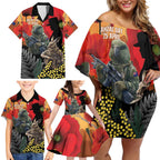 New Zealand and Australia ANZAC Day Family Matching Off Shoulder Short Dress and Hawaiian Shirt Sliver Fern Kakapo With Golden Wattle Kangaroo