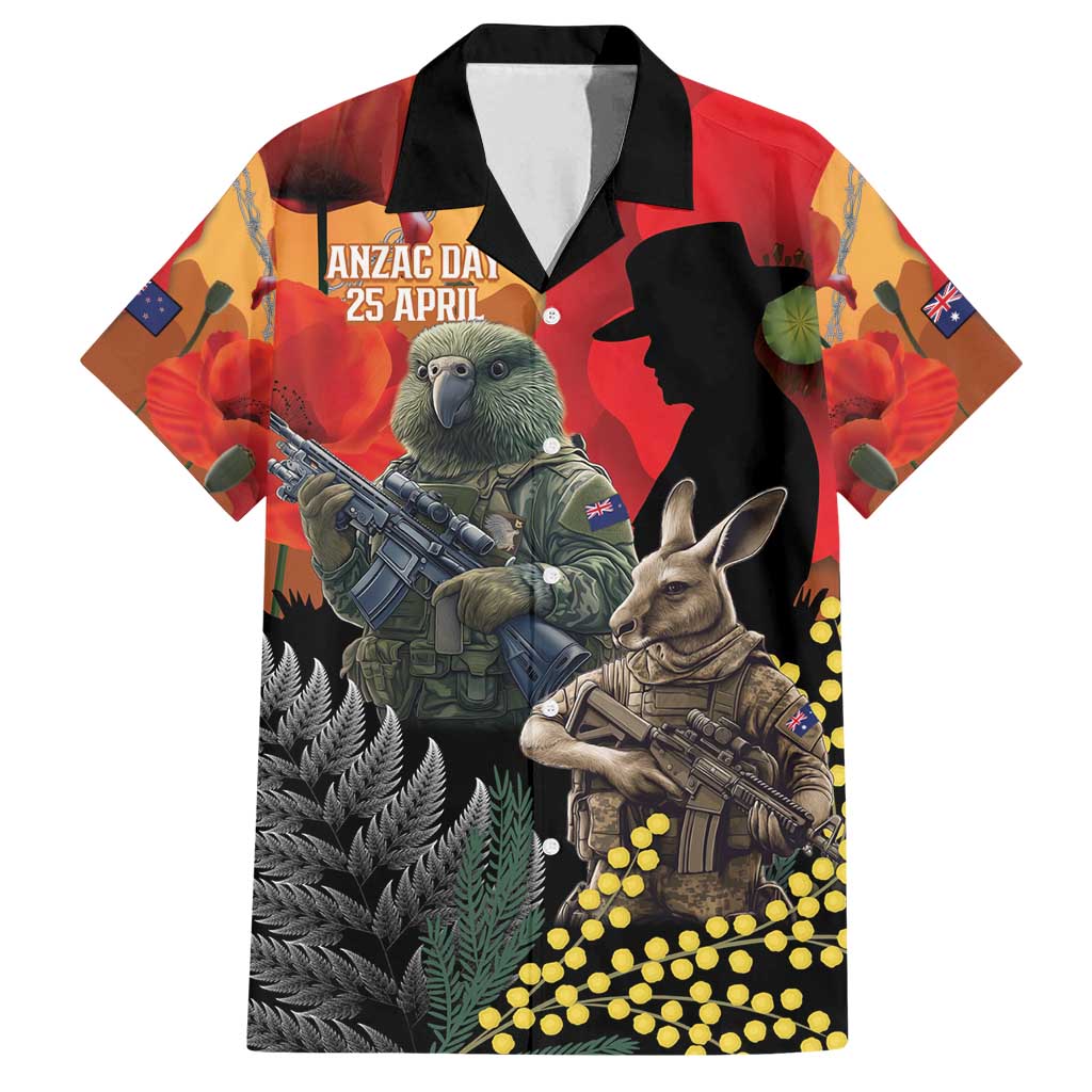 New Zealand and Australia ANZAC Day Family Matching Puletasi and Hawaiian Shirt Sliver Fern Kakapo With Golden Wattle Kangaroo