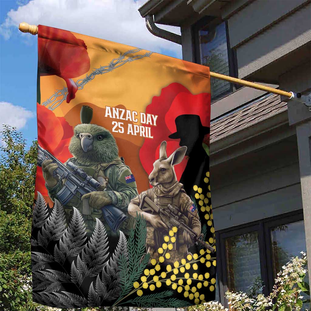 New Zealand and Australia ANZAC Day Garden Flag Sliver Fern Kakapo With Golden Wattle Kangaroo