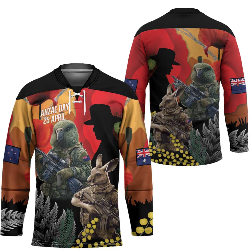 New Zealand and Australia ANZAC Day Hockey Jersey Sliver Fern Kakapo With Golden Wattle Kangaroo - Aussie Hoodie