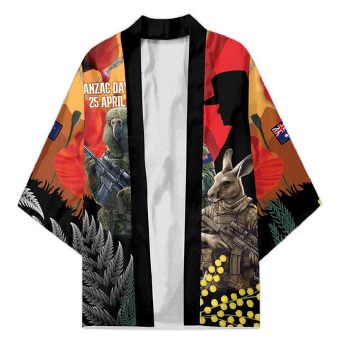 New Zealand and Australia ANZAC Day Kimono Sliver Fern Kakapo With Golden Wattle Kangaroo - Aussie Hoodie
