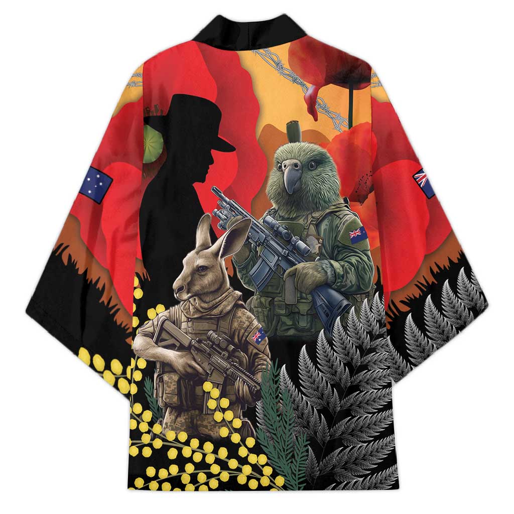 New Zealand and Australia ANZAC Day Kimono Sliver Fern Kakapo With Golden Wattle Kangaroo - Aussie Hoodie
