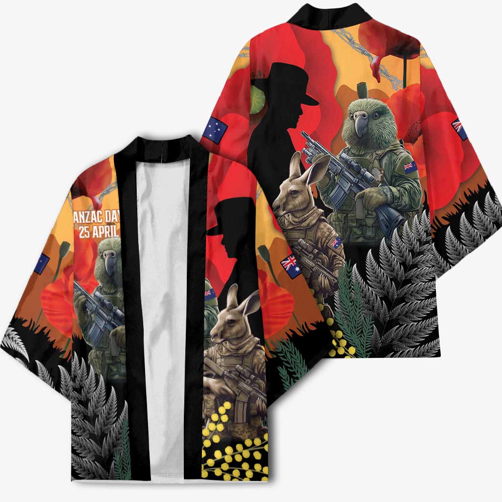New Zealand and Australia ANZAC Day Kimono Sliver Fern Kakapo With Golden Wattle Kangaroo - Aussie Hoodie