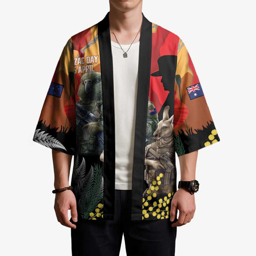 New Zealand and Australia ANZAC Day Kimono Sliver Fern Kakapo With Golden Wattle Kangaroo - Aussie Hoodie