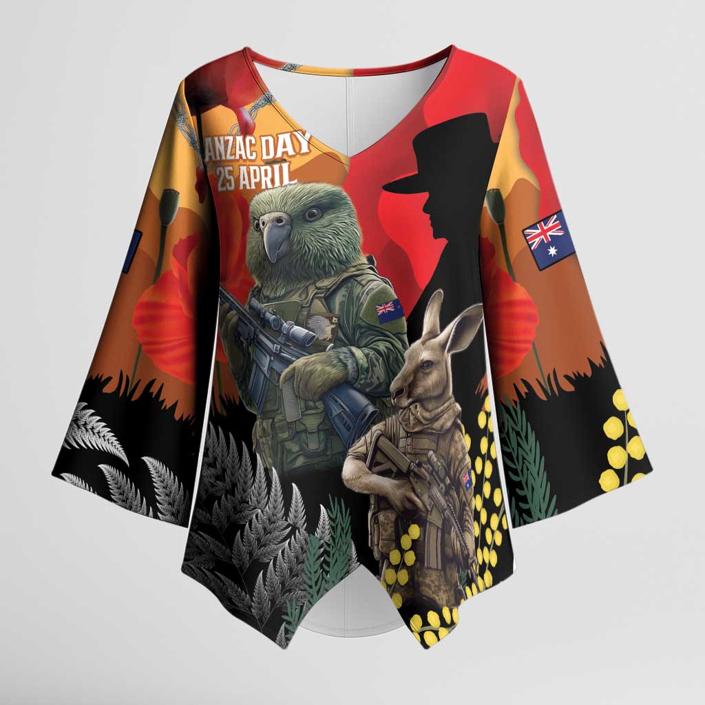 New Zealand and Australia ANZAC Day Kimono Sleeve Blouse Sliver Fern Kakapo With Golden Wattle Kangaroo - Aussie Hoodie