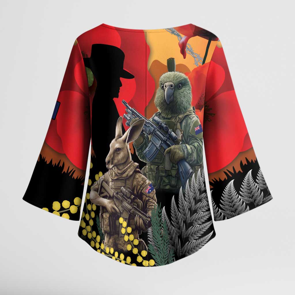 New Zealand and Australia ANZAC Day Kimono Sleeve Blouse Sliver Fern Kakapo With Golden Wattle Kangaroo - Aussie Hoodie