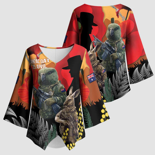New Zealand and Australia ANZAC Day Kimono Sleeve Blouse Sliver Fern Kakapo With Golden Wattle Kangaroo - Aussie Hoodie