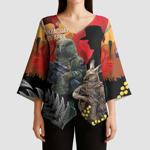 New Zealand and Australia ANZAC Day Kimono Sleeve Blouse Sliver Fern Kakapo With Golden Wattle Kangaroo - Aussie Hoodie