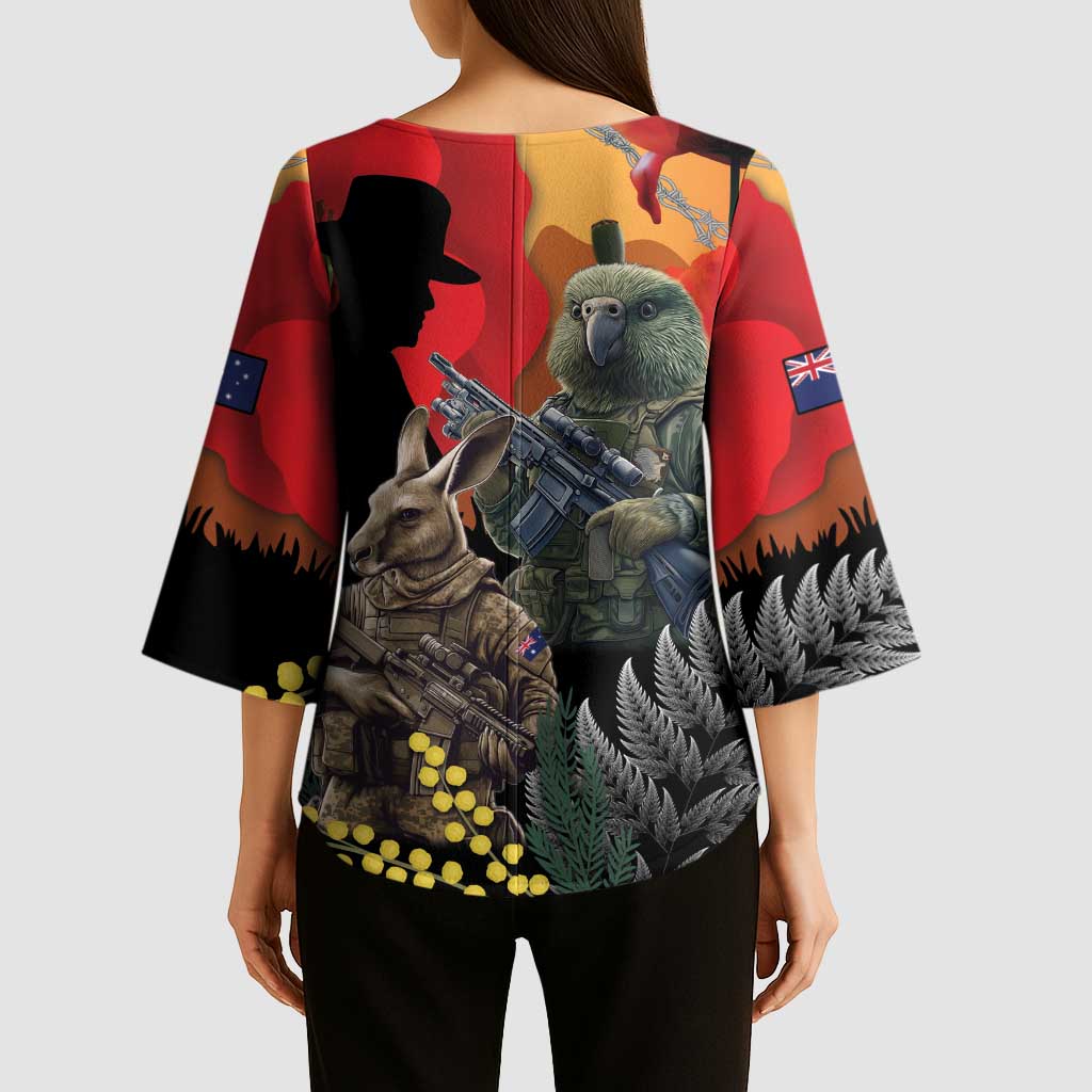 New Zealand and Australia ANZAC Day Kimono Sleeve Blouse Sliver Fern Kakapo With Golden Wattle Kangaroo - Aussie Hoodie