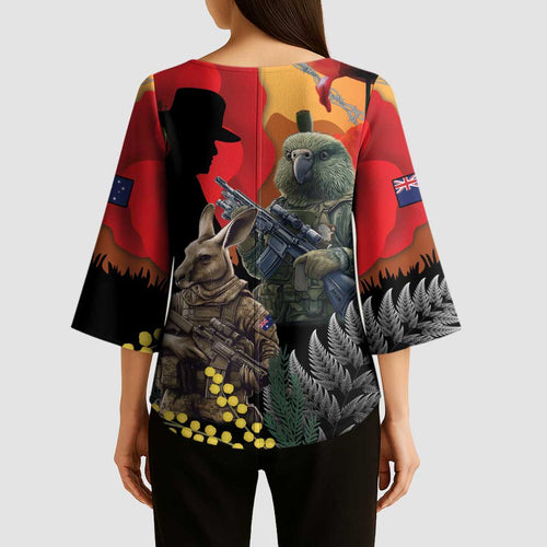 New Zealand and Australia ANZAC Day Kimono Sleeve Blouse Sliver Fern Kakapo With Golden Wattle Kangaroo - Aussie Hoodie