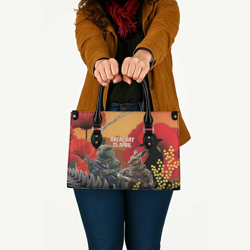 New Zealand and Australia ANZAC Day Leather Bag Sliver Fern Kakapo With Golden Wattle Kangaroo - Aussie Hoodie