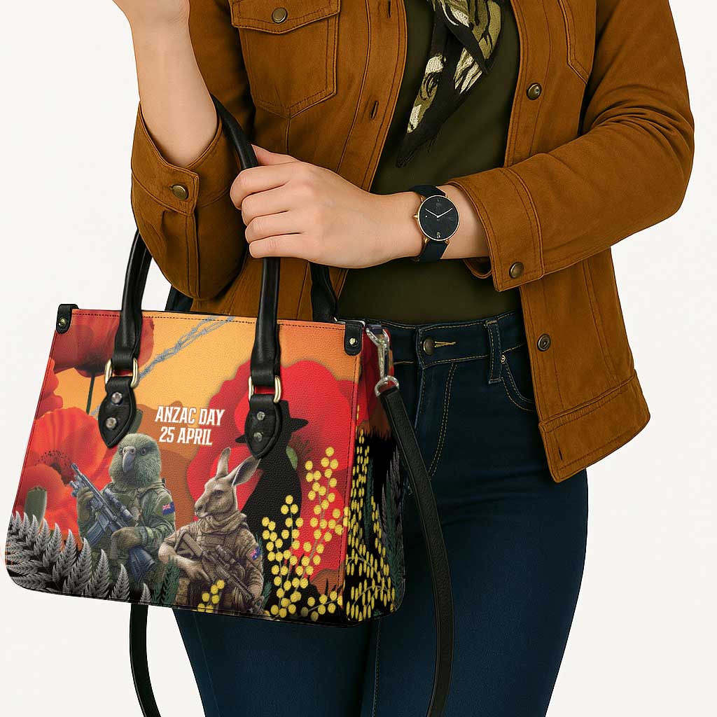New Zealand and Australia ANZAC Day Leather Bag Sliver Fern Kakapo With Golden Wattle Kangaroo - Aussie Hoodie