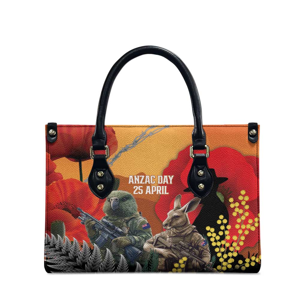 New Zealand and Australia ANZAC Day Leather Bag Sliver Fern Kakapo With Golden Wattle Kangaroo - Aussie Hoodie