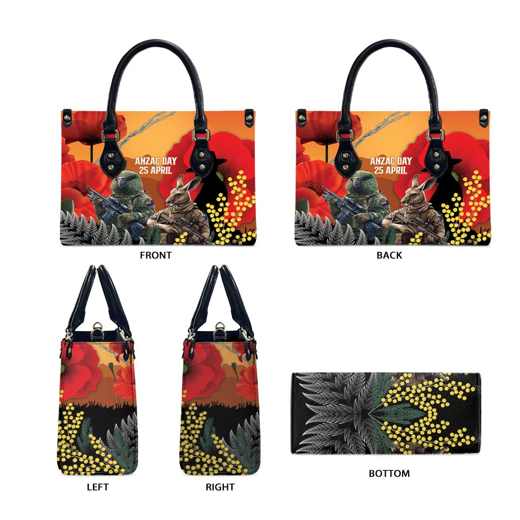 New Zealand and Australia ANZAC Day Leather Bag Sliver Fern Kakapo With Golden Wattle Kangaroo - Aussie Hoodie